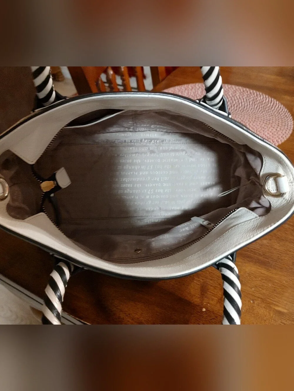 kate spade Black Leather Tote with Black-and-White Striped Handles